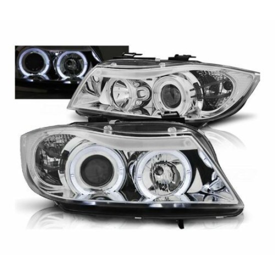 Φανάρια εμπρός angel eyes για BMW E90 (2005-2009) - chrome, χωρίς λάμπες (Η7) - σετ 2τμχ.