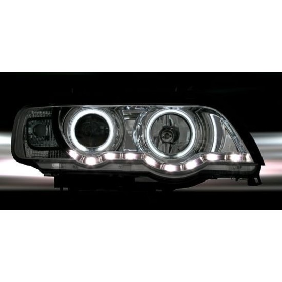 Φανάρια εμπρός με φώτα ημέρας και angel eyes για BMW X5 (1999-2003) - μαύρα , με λάμπες (Η1) - σετ 2τμχ.