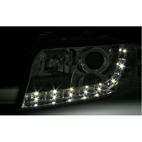 Φανάρια εμπρός led για Audi A6 με φώτα ημέρας (1997-2001) / Allroad 1999-2005 - chrome , με λάμπες (Η1) - σετ 2τμχ.