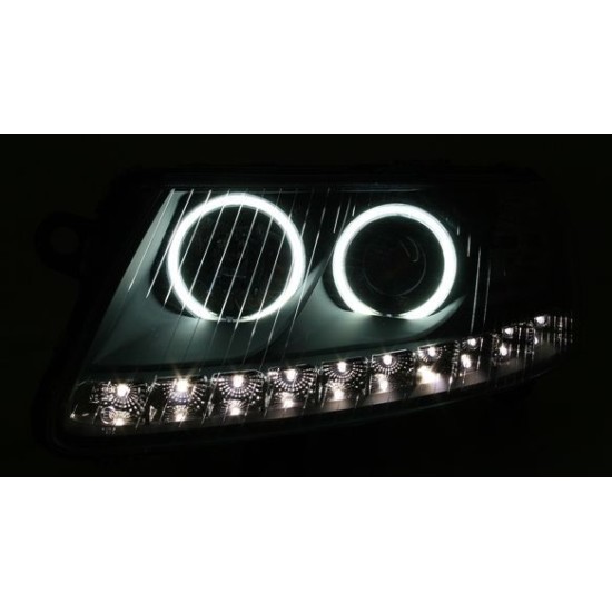 Φανάρια εμπρός angel eyes led Dayline για Audi A6 (2004-2008) - μαύρα , με λάμπες (Η1) - σετ 2τμχ.