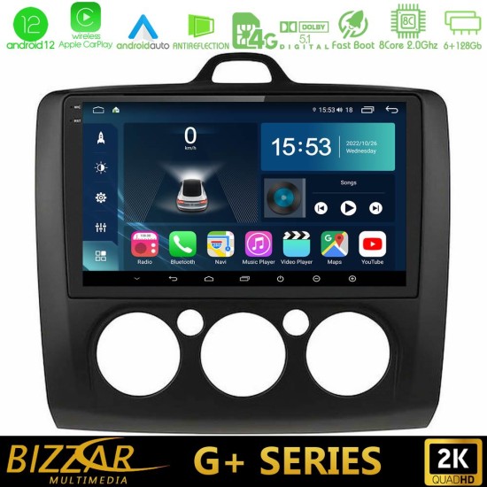 Bizzar G+ Series Ford Focus Manual AC 8core Android12 6+128GB Navigation Multimedia 9" (Μαύρο Χρώμα)