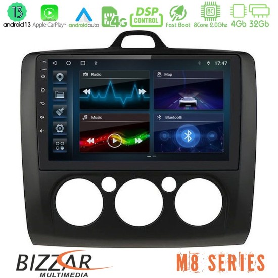 Bizzar M8 Series Ford Focus Manual AC 8core Android13 4+32GB Navigation Multimedia 9" (Μαύρο Χρώμα)