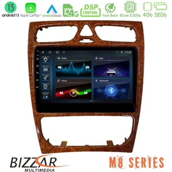 Bizzar M8 Series Mercedes C Class (W203) 8core Android13 4+32GB Navigation Multimedia 9" (Wooden Style)