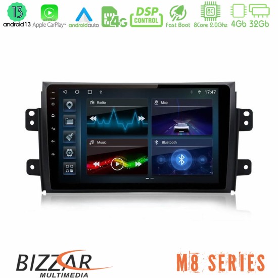 Bizzar M8 Series Suzuki SX4 2006-2014 Fiat Sedici 2006-2014 8core Android13 4+32GB Navigation Multimedia Tablet 9"