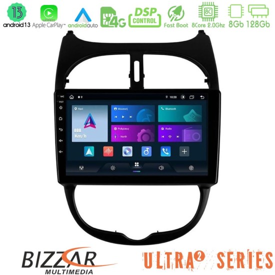 Bizzar Ultra Series Peugeot 206 8core Android13 8+128GB Navigation Multimedia Tablet 9"