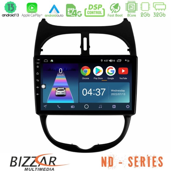 Bizzar ND Series 8Core Android13 2+32GB Peugeot 206 Navigation Multimedia Tablet 9"