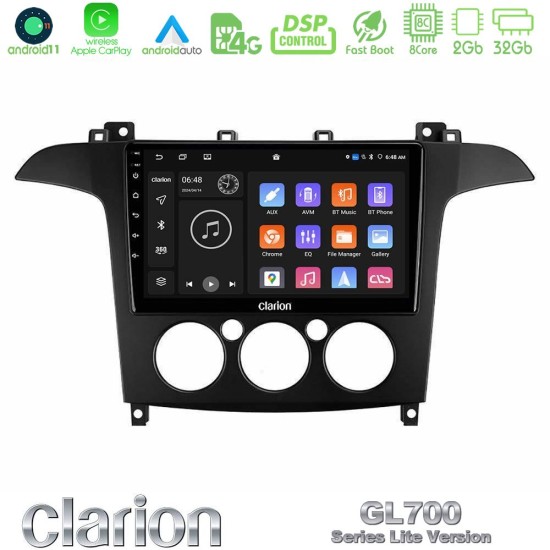 Clarion GL700 Lite Series 8Core Android11 2+32GB Ford S-Max 2006-2008 (manual A/C) Navigation Multimedia Tablet 9" Με Carplay & Android Auto