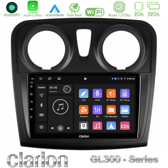 Clarion GL300 Series 4Core Android11 2+32GB Dacia Sandero 2014-2020 Navigation Multimedia Tablet 9" Με Carplay & Android Auto Clarion GL300 Series 4Core Android11 2+32GB Dacia Sandero 2014-2020 Navigation Multimedia Tablet 9" Με Carplay & Android Auto