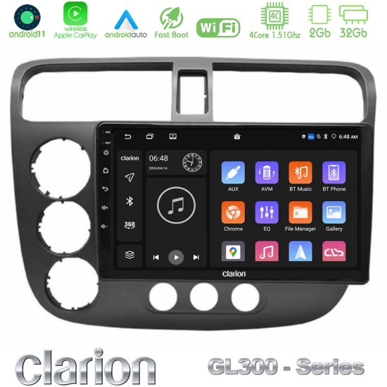 Clarion GL300 Series 4Core Android11 2+32GB Honda Civic 2001-2005 Navigation Multimedia Tablet 9" Με Carplay & Android Auto Clarion GL300 Series 4Core Android11 2+32GB Honda Civic 2001-2005 Navigation Multimedia Tablet 9" Με Carplay & Android Auto