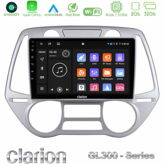 Clarion GL300 Series 4Core Android11 2+32GB Hyundai i20 2009-2012 Auto A/C Navigation Multimedia Tablet 9" Με Carplay & Android Auto Clarion GL300 Series 4Core Android11 2+32GB Hyundai i20 2009-2012 Auto A/C Navigation Multimedia Tablet 9" Με Carplay & Android Auto