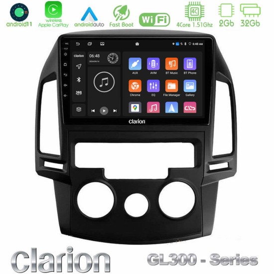 Clarion GL300 Series 4Core Android11 2+32GB Hyundai i30 2007-2012 Manual A/C Navigation Multimedia Tablet 9" Με Carplay & Android Auto