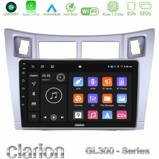 Clarion GL300 Series 4Core Android11 2+32GB Toyota Yaris Navigation Multimedia Tablet 9" (Ασημί Χρώμα) Με Carplay & Android Auto