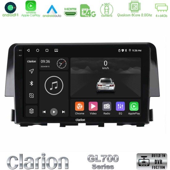 Clarion GL700 Series 8Core Android13 4+64GB Honda Civic 2016-2020 Navigation Multimedia Tablet 9" Με Carplay & Android Auto Clarion GL700 Series 8Core Android13 4+64GB Honda Civic 2016-2020 Navigation Multimedia Tablet 9" Με Carplay & Android Auto
