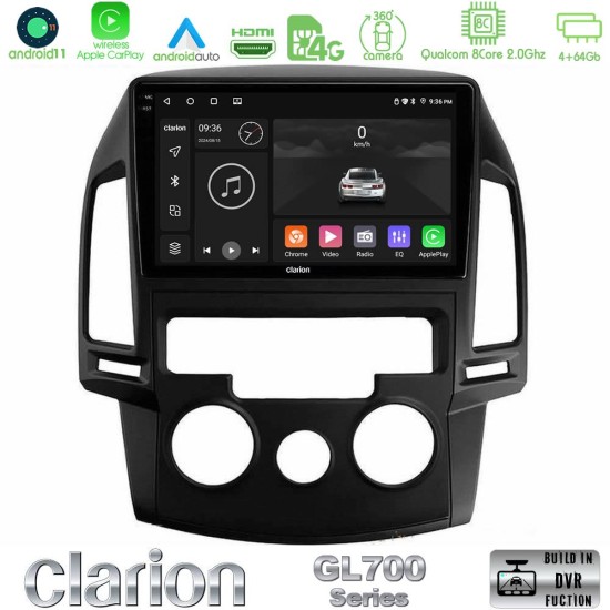 Clarion GL700 Series 8Core Android13 4+64GB Hyundai i30 2007-2012 Manual A/C Navigation Multimedia Tablet 9" Με Carplay & Android Auto