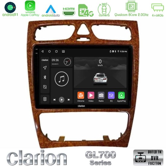Clarion GL700 Series 8Core Android13 4+64GB Mercedes C Class (W203) Navigation Multimedia Tablet 9" (Wooden Style) Με Carplay & Android Auto