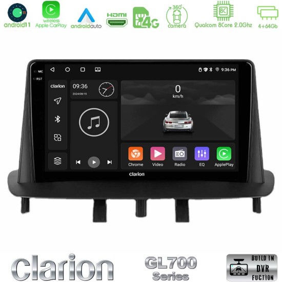 Clarion GL700 Series 8Core Android13 4+64GB Renault Megane 3 2009-2015 Navigation Multimedia Tablet 9" Με Carplay & Android Auto