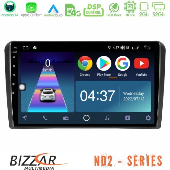 Bizzar ND2 Series 8Core Android14 2+32GB  Audi A3 8P Navigation Multimedia Tablet 9" Με Carplay & Android Auto
