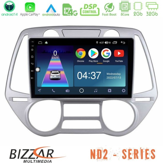 Bizzar ND2 Series 8Core Android14 2+32GB  Hyundai i20 2009-2012 Auto A/C Navigation Multimedia Tablet 9" Με Carplay & Android Auto