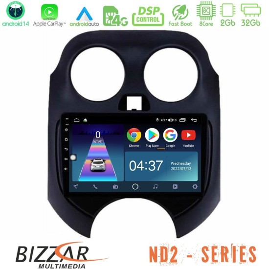 Bizzar ND2 Series 8Core Android14 2+32GB  Nissan Micra 2011-2014 Navigation Multimedia Tablet 9" Με Carplay & Android Auto