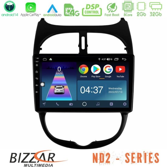 Bizzar ND2 Series 8Core Android14 2+32GB  Peugeot 206 Navigation Multimedia Tablet 9" Με Carplay & Android Auto