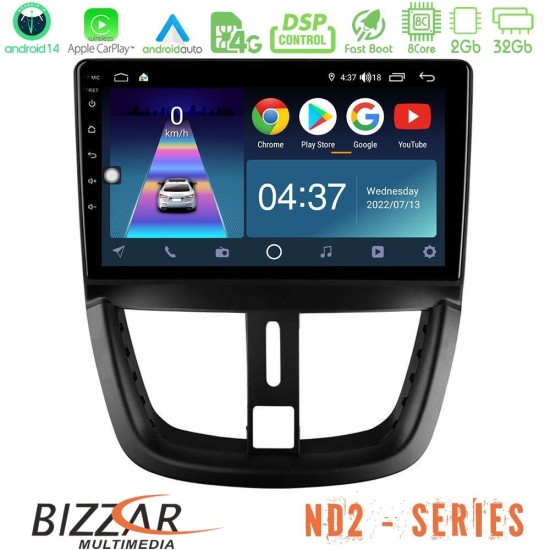 Bizzar ND2 Series 8Core Android14 2+32GB  Peugeot 207 Navigation Multimedia Tablet 9" Με Carplay & Android Auto