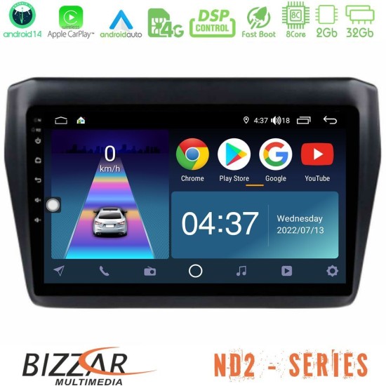 Bizzar ND2 Series 8Core Android14 2+32GB  Suzuki Swift 2017-2023 Navigation Multimedia Tablet 9" Με Carplay & Android Auto