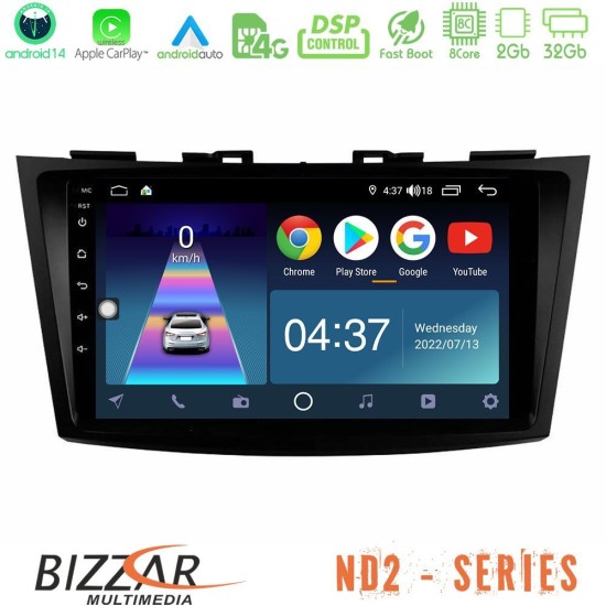 Bizzar ND2 Series 8Core Android14 2+32GB  Suzuki Swift 2011-2016 Navigation Multimedia Tablet 9" Με Carplay & Android Auto