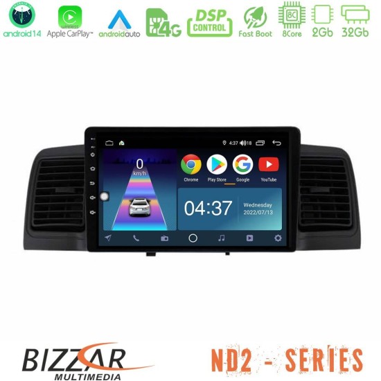 Bizzar ND2 Series 8Core Android14 2+32GB  Toyota Corolla 2002-2006 Navigation Multimedia Tablet 9" Με Carplay & Android Auto (Black)