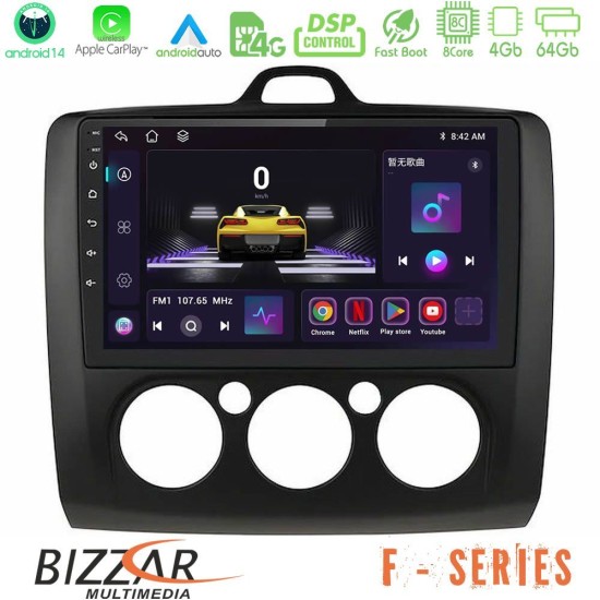 Bizzar F Series 8Core Android14 4+64GB  Ford Focus Manual AC Navigation Multimedia Tablet 9" (Μαύρο Χρώμα) Με Carplay & Android Auto