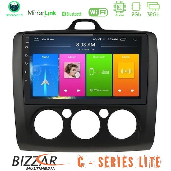 Bizzar C Series Lite 4Core Android14 2+32GB  Ford Focus Manual AC Navigation Multimedia Tablet 9" (Μαύρο Χρώμα)