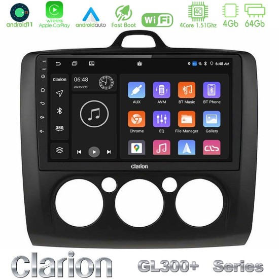 Clarion GL300+ Series 4Core Android11 4+64GB  Ford Focus Manual AC Navigation Multimedia Tablet 9" (Μαύρο Χρώμα)