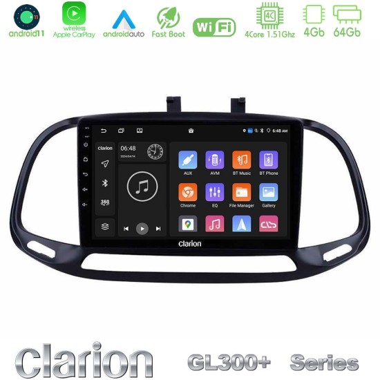 Clarion GL300+ Series 4Core Android11 4+64GB  Fiat Doblo 2015-2022 Navigation Multimedia Tablet 9"