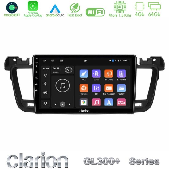 Clarion GL300+ Series 4Core Android11 4+64GB  Peugeot 508 2010-2018 Navigation Multimedia Tablet 9"