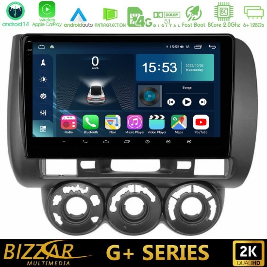 Bizzar G+ Series Honda Jazz (Fit) 2002-2008 (RHD) Manual A/C 8core Android14 6+128GB Navigation Multimedia Tablet 9"