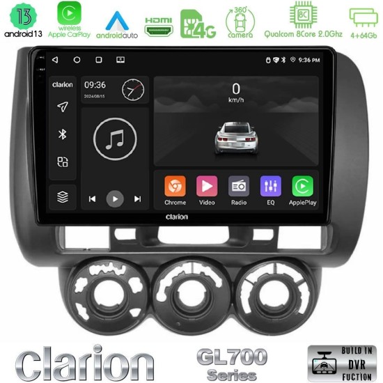 Clarion GL700 Series 8Core Android13 4+64GB Honda Jazz (Fit) 2002-2008 (RHD) Manual A/C Navigation Multimedia Tablet 9" Με Carplay & Android Auto