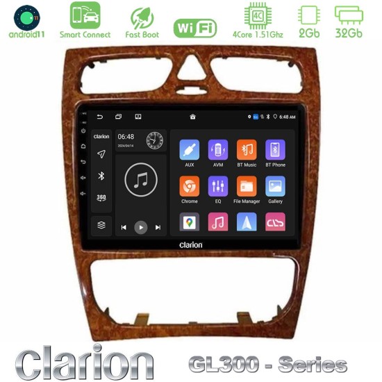 Clarion GL300 Series 4Core Android ClarionOS 2+32GB Mercedes C Class (W203) Navigation Multimedia Tablet 9" (Wooden Style) Με Carplay & Android Auto