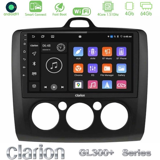 Clarion GL300+ Series 4Core Android ClarionOS 4+64GB  Ford Focus Manual AC Navigation Multimedia Tablet 9" (Μαύρο Χρώμα)