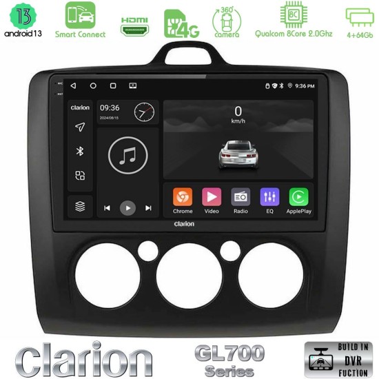 Clarion GL700 Series 8Core Android ClarionOS 4+64GB Ford Focus Manual AC Navigation Multimedia Tablet 9" (Μαύρο Χρώμα) Με Carplay & Android Auto