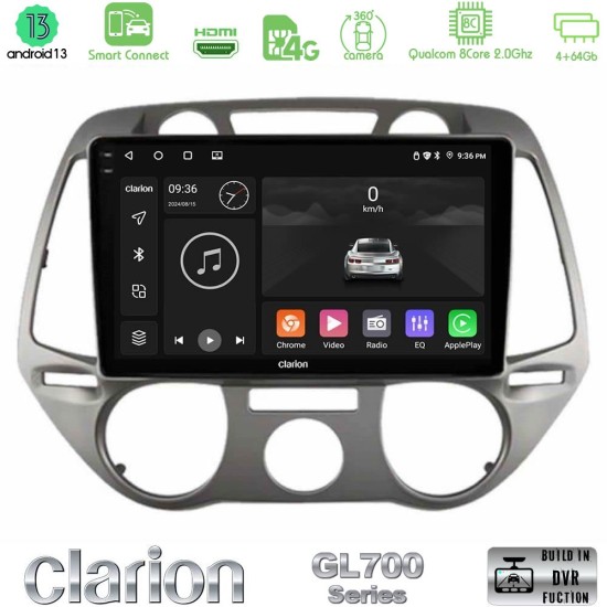 Clarion GL700 Series 8Core Android ClarionOS 4+64GB Hyundai i20 2009-2012 Manual A/C Navigation Multimedia Tablet 9" Με Carplay & Android Auto