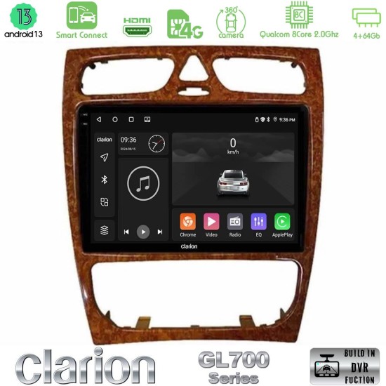 Clarion GL700 Series 8Core Android ClarionOS 4+64GB Mercedes C Class (W203) Navigation Multimedia Tablet 9" (Wooden Style) Με Carplay & Android Auto