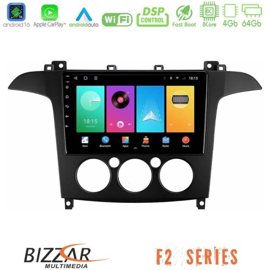 Bizzar F2 Series 8Core Android16 4+64GB  Ford S-Max 2006-2008 (manual A/C) Navigation Multimedia Tablet 9"