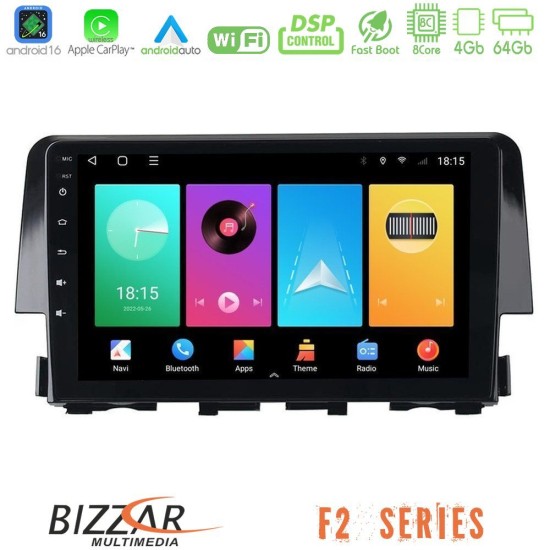 Bizzar F2 Series 8Core Android16 4+64GB  Honda Civic 2016-2020 Navigation Multimedia Tablet 9"