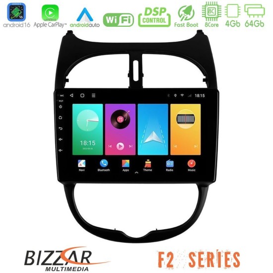 Bizzar F2 Series 8Core Android16 4+64GB  Peugeot 206 Navigation Multimedia Tablet 9"