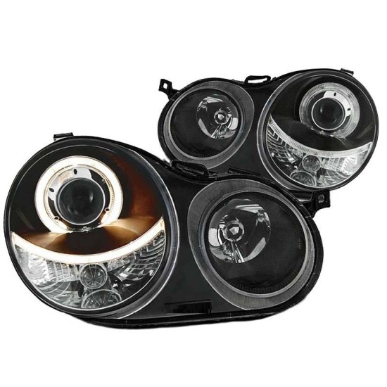 Μπροστινά Φανάρια Set Για Vw Polo 9N 01-05 Angel Eyes Μαύρα H7/H7 Με Μοτέρ Depo