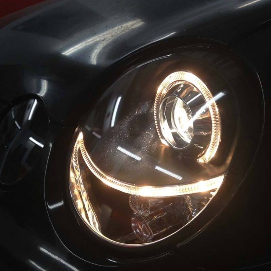 Μπροστινά Φανάρια Set Για Vw Polo 9N 01-05 Angel Eyes Μαύρα H7/H7 Με Μοτέρ Depo