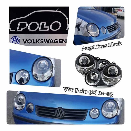 Μπροστινά Φανάρια Set Για Vw Polo 9N 01-05 Angel Eyes Μαύρα H7/H7 Με Μοτέρ Depo
