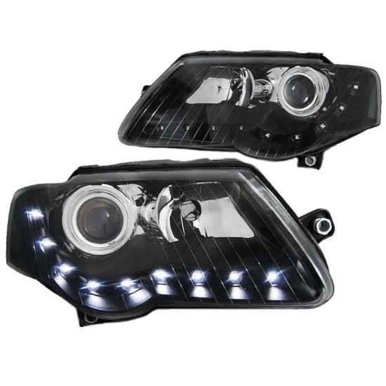 Μπροστινά Φανάρια Set Για Vw Passat B6 3C 05-10 DRL Μαύρα H7/H7 Με Μοτέρ Depo