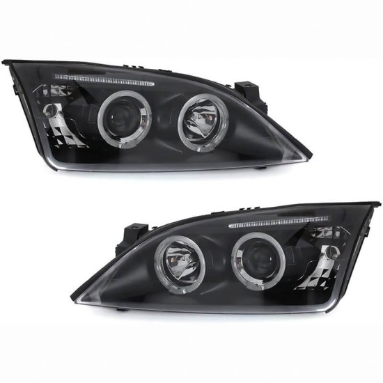 Μπροστινά Φανάρια Set Για Ford Mondeo 00-07 Angel Eyes & Led Μαύρα H1/H1 With Motor JunYan