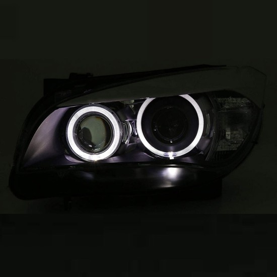 Μπροστινά Φανάρια Set Για Bmw X1 E84 09-12 Led Angel Eyes Μαύρα H7/H7 Με Μοτέρ Depo