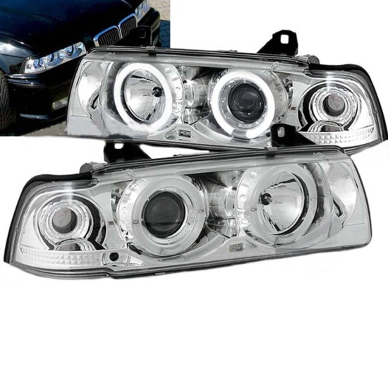 Μπροστινά Φανάρια Set Για Bmw 3 E36 90-99 Coupe / Cabrio Angel Eyes & Led Χρωμίου H1/H1 Sonar